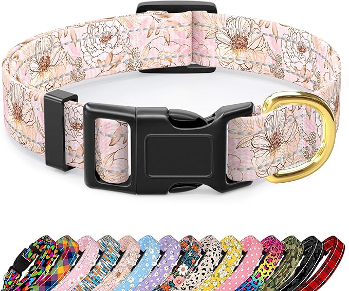 Reflective Dog Collar for Medium Dogs, Cute Flower Theme Adjustable Heavy-Duty Nylon Puppy Collar for Boy and Girl Female, Soft Pet Accessories with Quick Release Buckle, Neck 14-20", Pink