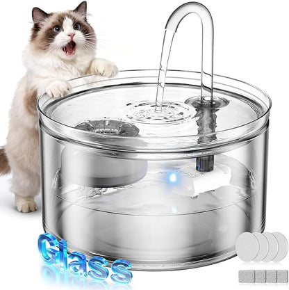 Cat Water Fountain, 74oz/2.2L Glass Automatic Water Fountain with Ultra-Quiet Auto Shut-Off Pump, Easy to Clean Pet Water Dispenser for Cats, Kittens Indoor (with 4 Filters)