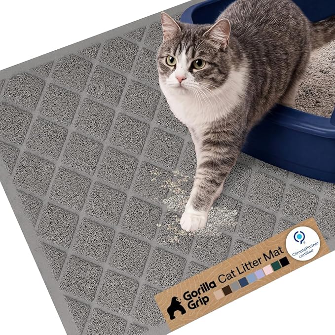 GORILLA GRIP Cat Litter Box Mat, Cushioned Coil Mesh Litter Trapping Mats, Scatter Control Supplies for Less Mess, Phthalate Free, Ultra Deep Catch Grooves, Rinse or Vacuum to Clean, 24x17 Gray