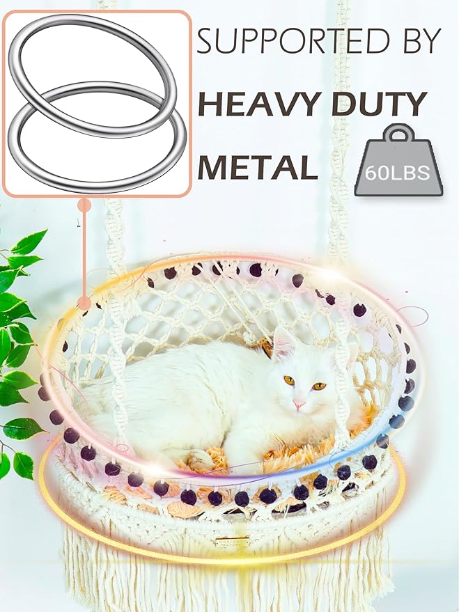 KARCEEY Macrame Cat Hammock - Hanging Cat Bed for Wall & Window - Boho Swing with Full Hardware Kit & Nip Toy - Stable Heavy Duty Design for Large & Senior Felines up to 60lbs