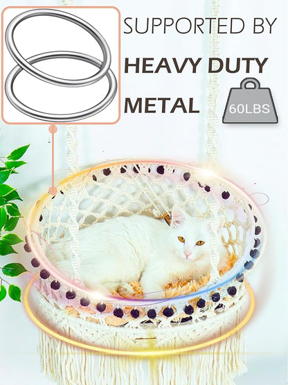 KARCEEY Macrame Cat Hammock - Hanging Cat Bed for Wall & Window - Boho Swing with Full Hardware Kit & Nip Toy - Stable Heavy Duty Design for Large & Senior Felines up to 60lbs
