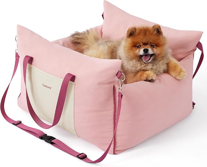 Lesure Small Dog Car Seat for Small Dogs - Soft Dog Booster Seat for Car with Storage Pocket and Clip-On Safety Leash and Thickened Memory Foam Filling, Pet Travel Carrier Bed Strawberry Cream