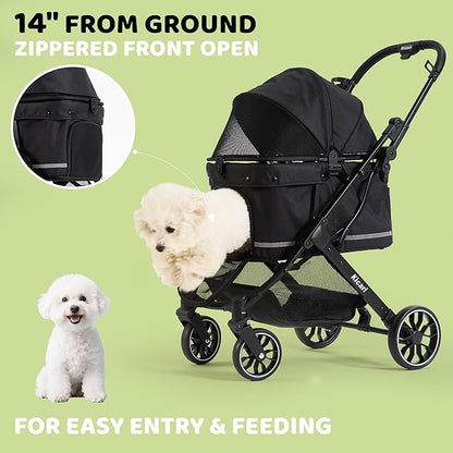 All-Terrain Dog Stroller for Small to Medium Dogs, Pet Stroller for Dogs & Cats Outdoor Walks, One-Hand Easy Fold, Double-Layer Anti-UV & Waterproof Canopy & Breathable Mesh, Samurai Black