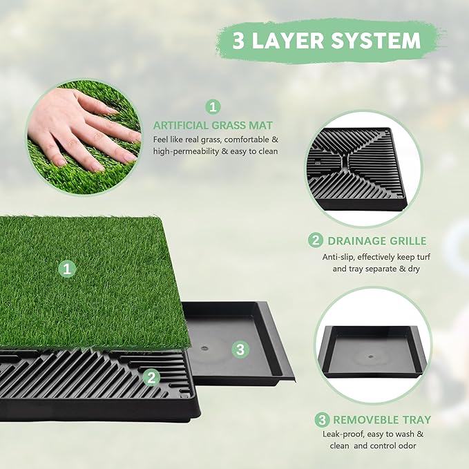 Dog Grass Pad With Tray, 25" x 20" Potty for Puppy Training, Reusable Artificial Pee Pad, Indoor/Outdoor Pet Toilet Loo, 3-Layer System