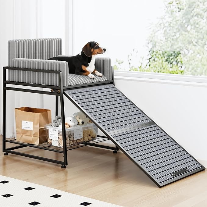 Pet Stairs Ramp with Seat,Dog Window Perch with Stairs and Storage,Dog Seat with Ramp Steps,Folding Pet Ramp for Dogs Cats,Bunk Bed Chair with Sofa Cushion for Bed Couch Office,Hold Up to 110 lbs