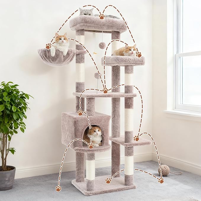 Cat Tree for Indoor Cats, 55.1 inch Cat Tower with 7 Sisal Scratching Posts, Multi-Level Cat Condo wit Large Play Platform Furry Ball, Cat Cave, 2 Padded Perches, Basket, Mushroom GCT013MU