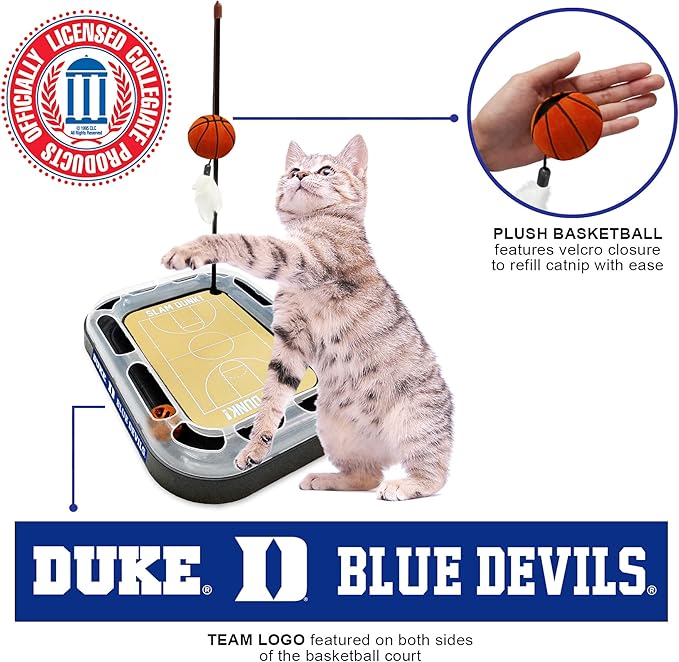 CATS SCRATCHER NCAA Duke University Basketball Court CAT Scratcher Toy with Catnip Filled Plush Basketball Toy & Feather Cat Toy Hanging, with Jingle Bell Interactive Ball Cat Chasing 5-in-1 Kitty Toy