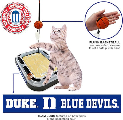 CATS SCRATCHER NCAA Duke University Basketball Court CAT Scratcher Toy with Catnip Filled Plush Basketball Toy & Feather Cat Toy Hanging, with Jingle Bell Interactive Ball Cat Chasing 5-in-1 Kitty Toy