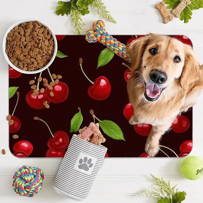Red Cherry Pet Feeding Mat,Absorbent Quick-Dry Cat Dog Food and Water Bowl Mats,Non-Slip Rubber Backing Mat,Cat Dog Accessories Supplies 12"x20"
