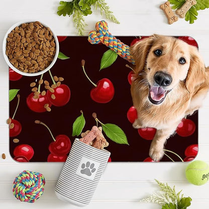 Red Cherry Pet Feeding Mat,Absorbent Quick-Dry Cat Dog Food and Water Bowl Mats,Non-Slip Rubber Backing Mat,Cat Dog Accessories Supplies 12"x20"