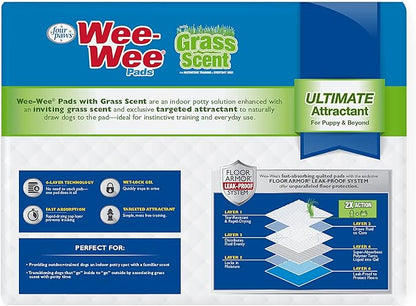 Four Paws Wee-Wee Ultimate Attractant Dog Pee Pads for Instinctive Training, Leak-Proof Floor Protection Dog & Puppy Quilted Potty Training Pads, Grass Scent, 22" x 23" (50 Count)