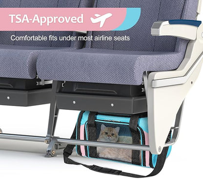 Discala Cat Dog Carrier Up to 15 Lbs TSA Airline Approved Pet Carrier for Small Medium Cats Puppies Dog Carriers for Small Dogs Collapsible Soft Sided Cat Travel Carrier - Blue&Pink 17"x11"x11"