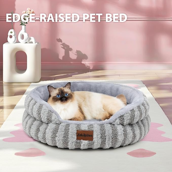Cat Bed Kitten Bed - Washable Round Cat Beds for Indoor Cats, Soft Corduroy Fleece Pet Bed for Puppy and Kitten with Removable Double Sided Inner Cousion, 20", Grey