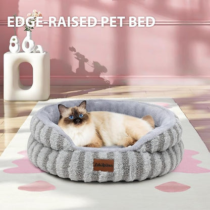 Cat Bed Kitten Bed - Washable Round Cat Beds for Indoor Cats, Soft Corduroy Fleece Pet Bed for Puppy and Kitten with Removable Double Sided Inner Cousion, 20", Grey