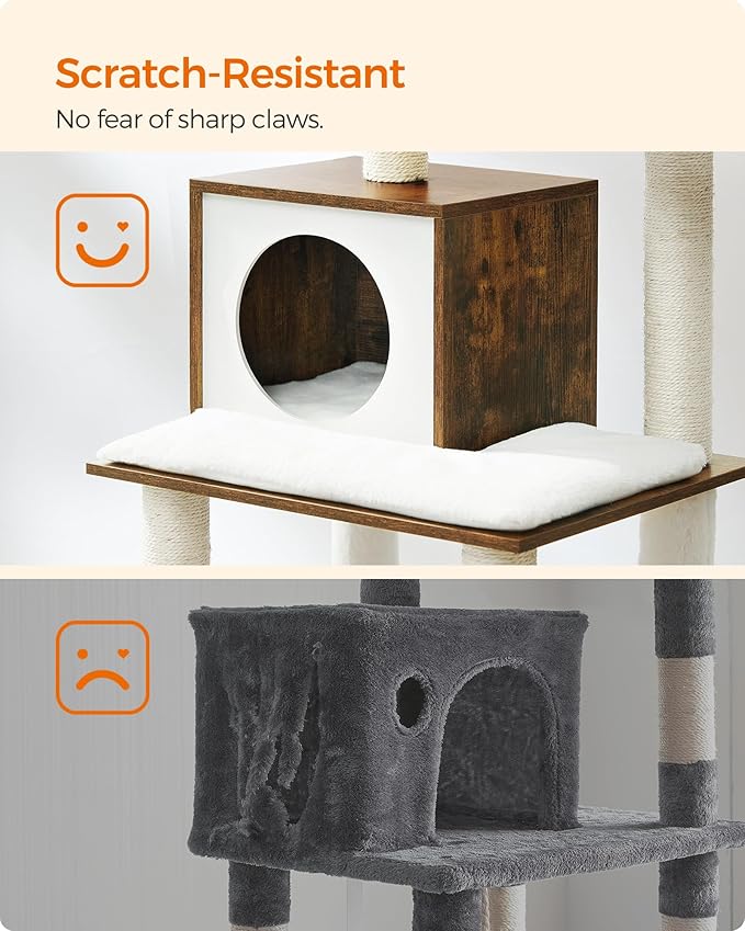 Feandrea Cat Tree, 56.3-Inch Modern Cat Tower, Multi-Level Plush Condo with Scratching Posts, Hammock, Washable Cushion, Rustic Brown UPCT164X01