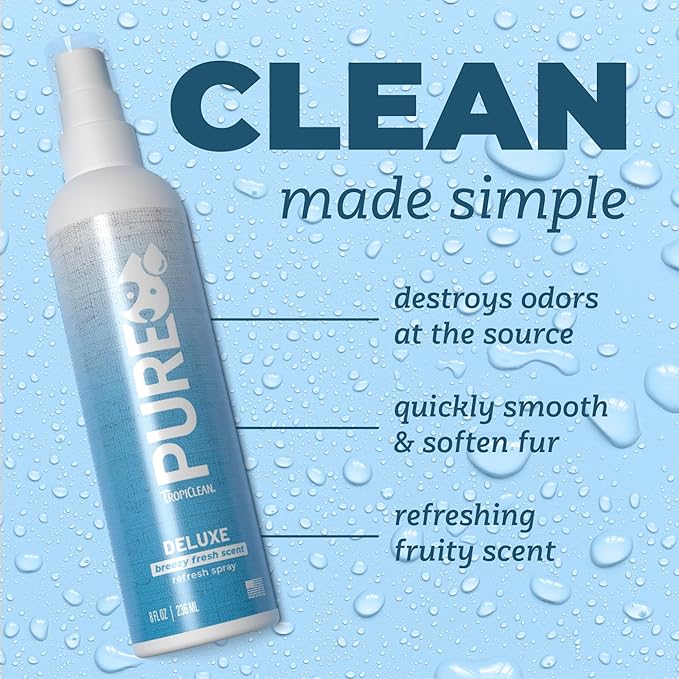 TropiClean Pure 2-in-1 Dog Perfume Spray, Breezy Fresh Scent, Long Lasting Deodoziring Spray for Smelly Dogs, Cleans and Moisturizes Skin & Coat, 8oz.