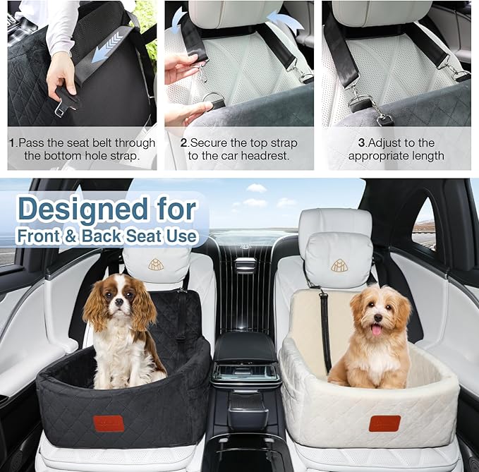 WOOAIDAGG Dog Car Seat for Small Dogs Under 30lbs, Washable Pet Travel Car Bed with Memory Foam,Fully Detachable Cover,2 Storage Pockets & Safety Leash,Non-Slip Bottom(Black)