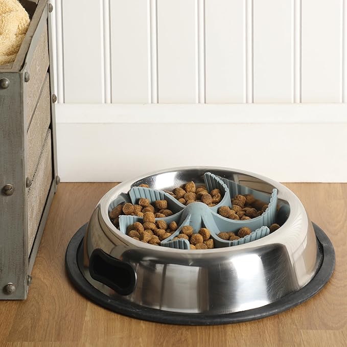 Gibson Home Curious Canines 7.5” Slow Feeder Dog Bowl Insert, Silicone Anti-Gulp Insert, Fits Stainless Steel & Standard Dog Bowls, Dishwasher Safe, Blue