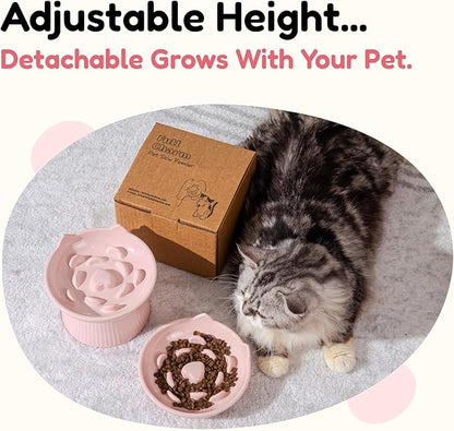2 Pack Unbreakable Raised Slow Feeder Bowl for Cats and Small Dogs, Elevated Cat Bowls, Detachable Slow Feede Bowl, Heavy Weighted, Non-Slip Feeder, Dry & Wet Food (Pink + White, 6.2'')