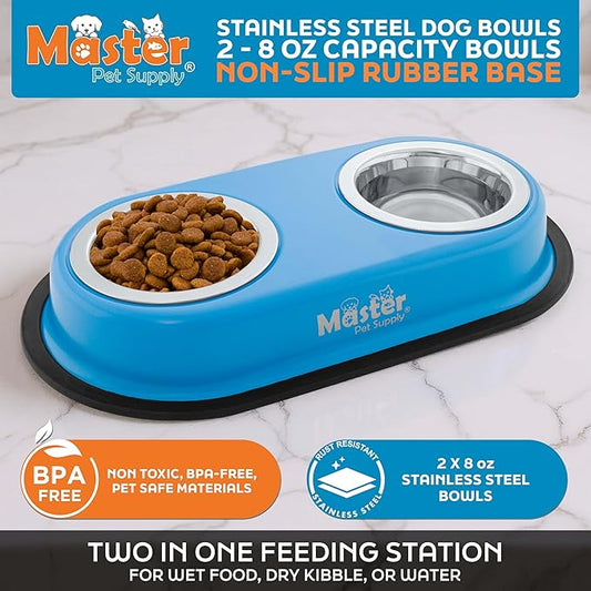 Master Pet Supply Double Dog Bowls Set with Elevated Base and 2 (8 oz) Stainless Steel Removable Dishes (True Blue) – Double Cat Food Water Bowl, Dog Puppy Food Bowl Set, Rust Resistant