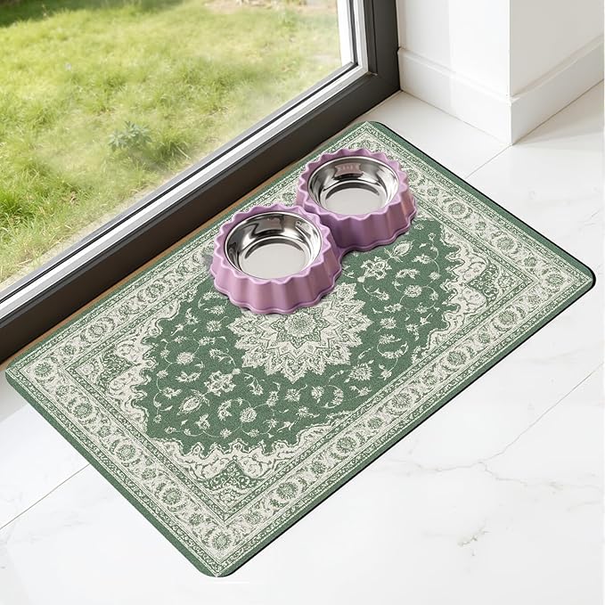 Dog Cat Food Mat - Absorbent Anti Slip Dog Bowl Mats for Food and Water, Quick Dry Cat Feeding Matts for Floors, Diatomite Pet Dish Placemat Accessories Supplies, Bohemia Style, 12 * 20in