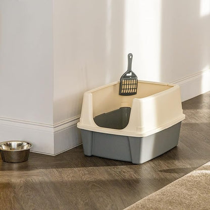 Amazon Basics Large Cat Litter Box with High Sides, Open Top for Easy Access, Includes Scoop with Storage, 19" x 15" x 11.75", Grey/Beige
