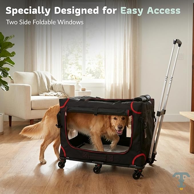 MegaCruze Rolling Pet Carrier for Medium & Large Dogs 25”x17”x20”. Lockable Wheels Zipper Locks Telescopic Handle Breathable Mesh, Removable Wheel Base, Stress-Free Travel Outdoor and Indoor