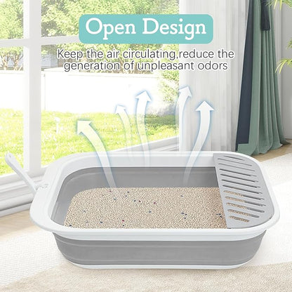 Fhiny Kitten Litter Box Portable Shallow Litter Box 17.7"x13.4"x4.9" Foldable Cat Toilet with Scoop Open Kitty Potty Pan with Litter Drop Pedal Easy to Clean Travel Kitten Toilet(Gray)