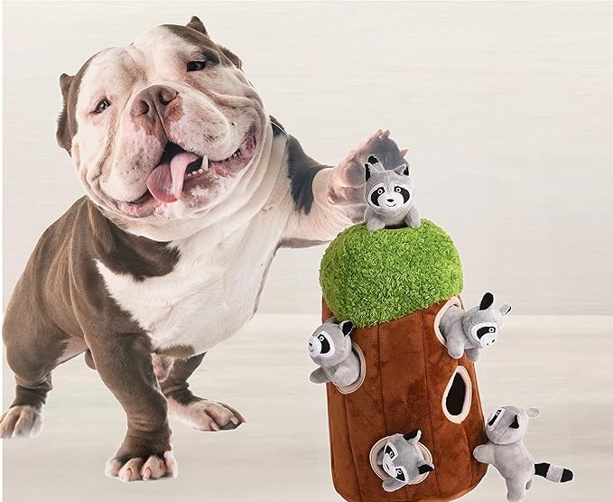 Glow Pups Dog Puzzle Plush Toy Tree with Squeaky Raccoons, Interactive Hide and Seek Fun, Promotes Mental Stimulation, Large Size, Brown/Gray Plush, 5-Pack (Raccoon in Tree, Large)