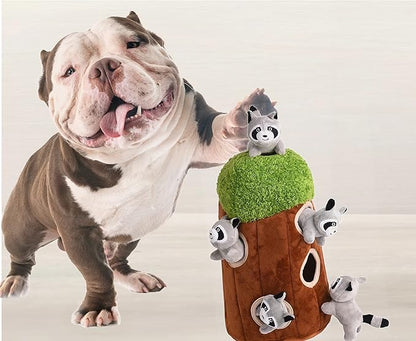 Glow Pups Dog Puzzle Plush Toy Tree with Squeaky Raccoons, Interactive Hide and Seek Fun, Promotes Mental Stimulation, Large Size, Brown/Gray Plush, 5-Pack (Raccoon in Tree, Large)