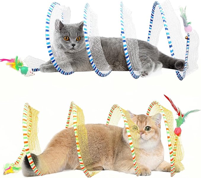2-Pack Large Cat Tunnel Beds - Indoor & Outdoor,Kitten Collapsible Spring Tunnel Toy with Feather and Bell,Interactive Spring Toys for Cats & Kittens（Yellow and Blue）