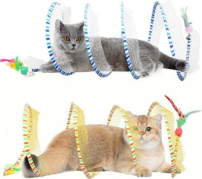 2-Pack Large Cat Tunnel Beds - Indoor & Outdoor,Kitten Collapsible Spring Tunnel Toy with Feather and Bell,Interactive Spring Toys for Cats & Kittens（Yellow and Blue）
