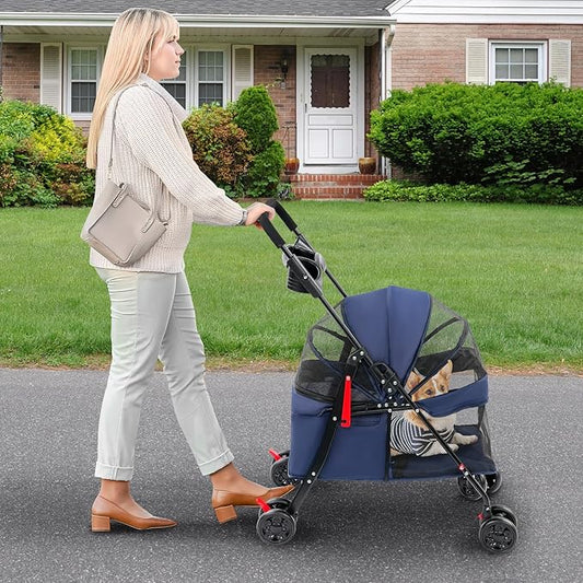 Foldable Pet Stroller w/Lockable Brakes,40lbs Capacity Ventilated Mesh Carrier Cart for Small Medium Dogs & Cats,Dog Stroller (Navy Blue)