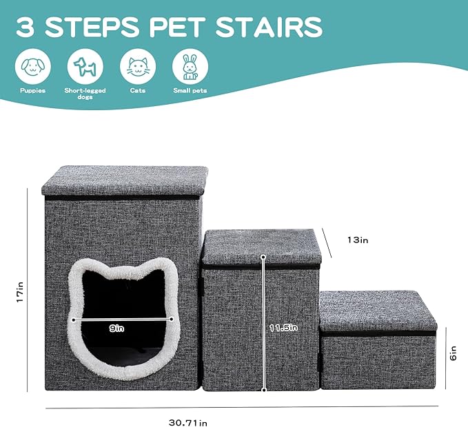 Dog Stairs for Small Dogs, 3-Step Non-Slip Pet Stairs for Cats, Small Dog Steps with Storage and Condo, Indoor Cat Steps for Older Cats, Arthritis-Friendly, Grey