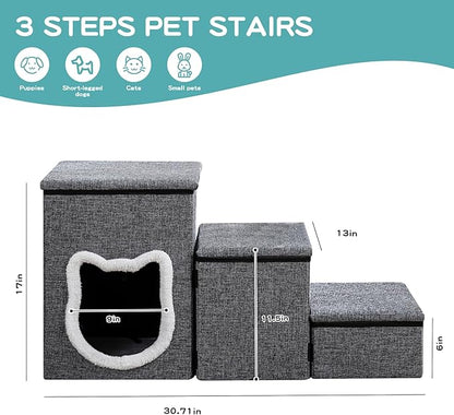 Dog Stairs for Small Dogs, 3-Step Non-Slip Pet Stairs for Cats, Small Dog Steps with Storage and Condo, Indoor Cat Steps for Older Cats, Arthritis-Friendly, Grey
