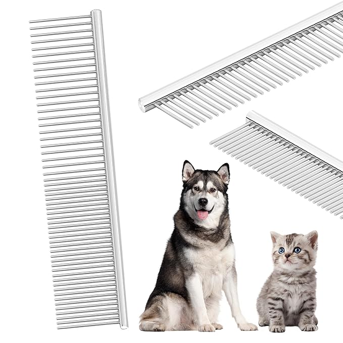 Pet Grooming Comb with Rounded Ends Stainless Steel Teeth for Dogs & Cats,Wide & Dense Teeth for Removing Tangles, Knots,Undercoat,Flea,Face,Chin,Tear Stain,Excess Hair,Metal Dematting Tool Pet Gift