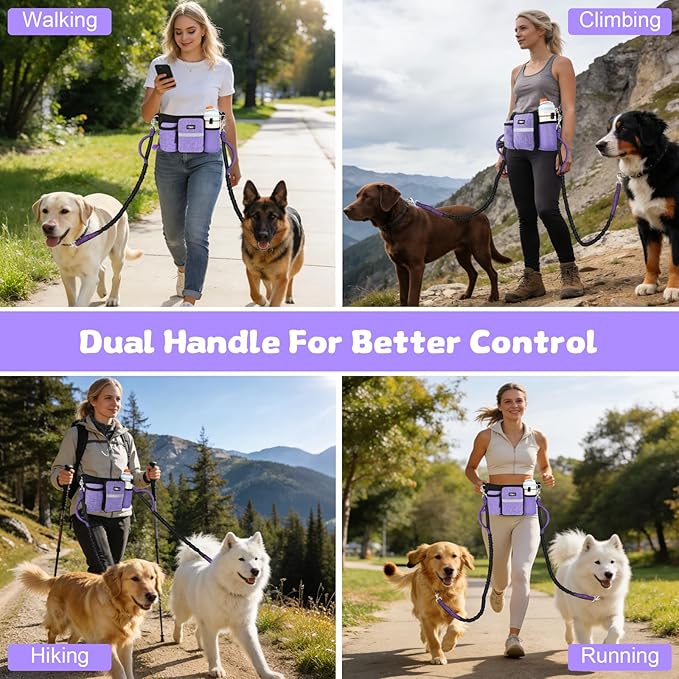 ETACCU Heavy Duty Hands Free Dog Leash with Zipper Pouch for Two Dogs, Waist Belt for Large Medium Dogs for Running, Walking, Jogging and Hiking, Dual Padded Handles and Durable Bungee (2 Dog Purple)