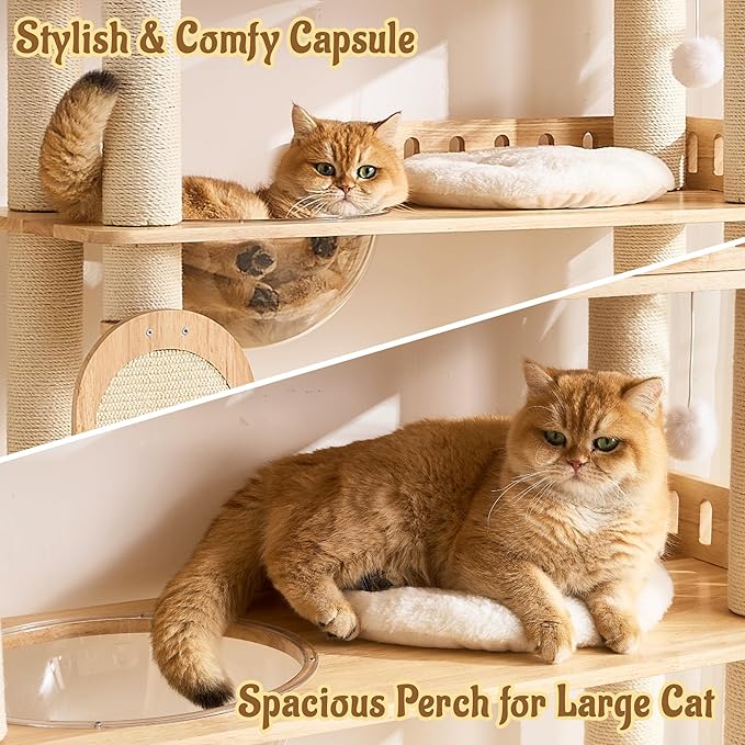 58" Tall&Wide Solid Wood Cat Tree Tower for Indoor Cats, Modern Cat Tree Open-Style Cat Villa Condo with Scratching Posts & Board, Cat Beds, Multi-Level Cat Furniture with Space for Litter Box