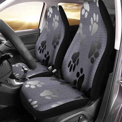 Grey Black Dog Paw Bones Printed Car Seat Cover only for Front, Waterproof Soft Universal Bucket Seats Cover Protector Fit Most Vehicles