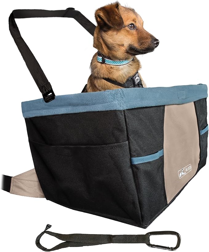 Kurgo Dog Booster Seat - Keeps Dogs Secure & Comfortable - Waterproof Exterior - Removable Washable Liner - Dog Car Seat with Harness Strap - Collapsible - Rover Style - Black/Blue