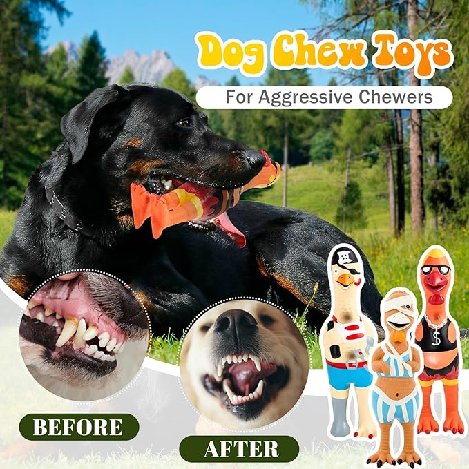 3 Pcs Rubber Chicken Squeaky Dog Toys Screaming Chicken Latex Soft Rubber Chew Molar Toys Interactive Pet Funny Squawkers Cute Dog Gifts for Small Medium Birthday (Cool Style)