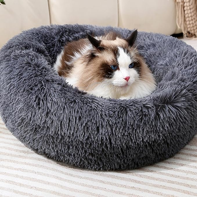 Plush Donut Cat Bed and Dog Bed Round Calming Pet Beds Fluffy Rabbit Cave Warm Dog Couch Non Slip Bottom for Pets Up to 10KG