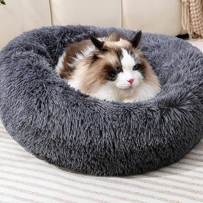 Plush Donut Cat Bed and Dog Bed Round Calming Pet Beds Fluffy Rabbit Cave Warm Dog Couch Non Slip Bottom for Pets Up to 10KG