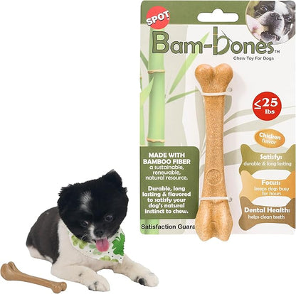 SPOT Bam-Bones Bone - Made with Strong Bamboo Fiber, Durable Long Lasting Dog Chew for Light to Moderate Chewers, Great Toy for Adult Dogs & Teething Puppies under 25lbs, 5.75in, Chicken Flavor