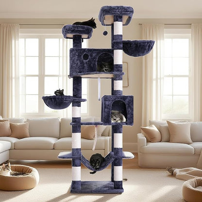 Tall Cat Tree, Large Cat Tower for Adult Cats, 80.7'' (205cm) Heavy-Duty Cat Tree House for Indoor Cats 20 lbs+ with Scratching Posts, 2 Top Perches/Condos, Hammcok, Smoky Gray GCT034G