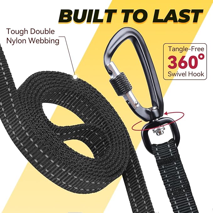 VIVAGLORY Dog Leash Twingrip Double Handle Dog Leash with Traffic Handle Control & 2 Loop for Walking & Training, Reflective Heavy Duty for Puppy Pet Collar, 5ft x 1/2in, Black