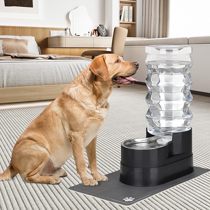 RIZZARI Dog Water Dispenser Bowl: 9L Large Black Automatic Stainless Steel Pet Feeder with Triple Filter and Specialized Brush - for Dogs Good for Joint Health - Garden Garage