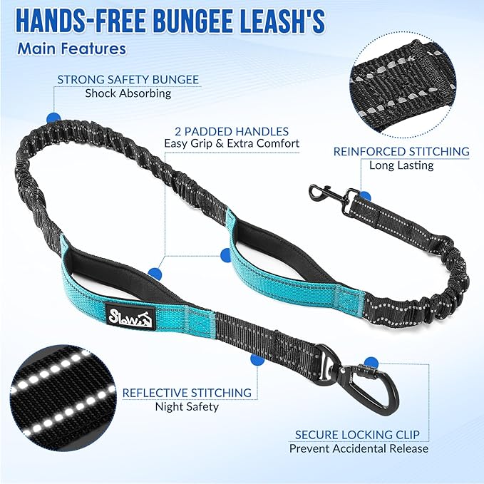 SlowTon Hands Free Dog Leash - with Removable Zipper Pouch, Shock Absorbing Bungee, Dual Handle & Reflective Stitches, Wide Padded Adjustable Waist Leash for Dogs Walking Running (XL, for 1 Dog)