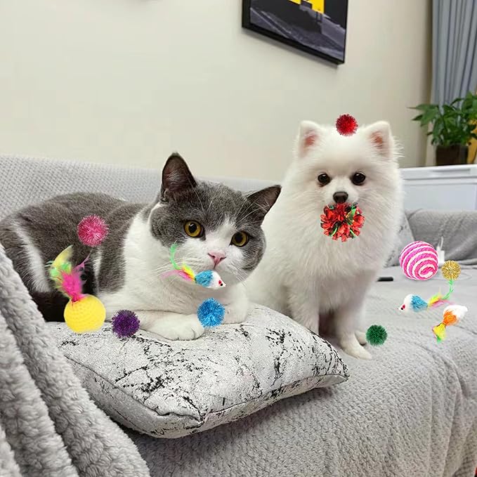 Cat Toys Assortment - Interactive Kitten Toy Bundle with Sparkle Pom Pom Balls, Crinkle Balls & Spring Toys for Indoor Cats(38-Pack)