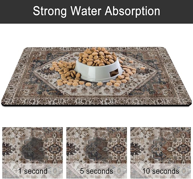 Dog Food Mats for Floors, Absorbent and Quick-Drying Pet Cat Food Mat,Anti-Fouling and Easy-to-Clean Pet Feeding Mat,Dog Bowl Mat for Messy Drinking Water Bowls.17 x27, Bohemia Style